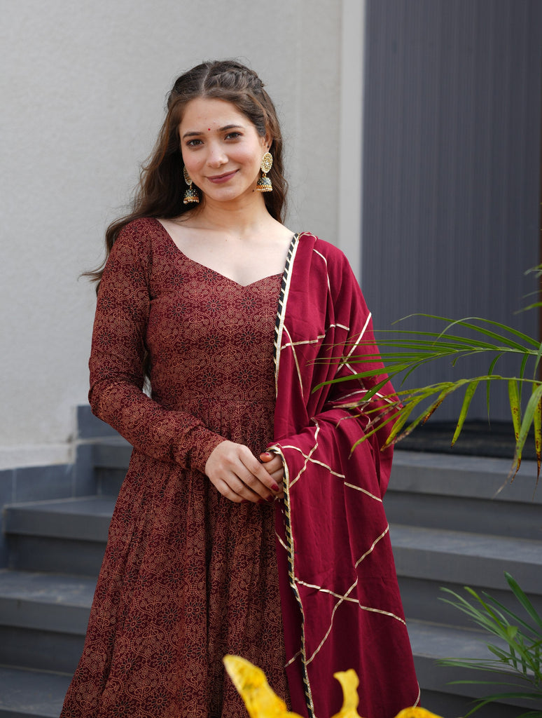 Maroon Pure Cotton Ajrakh Print Anarkali Suit Set with 4.5 Meter Flair, Crape Bottom & Faux Georgette Dupatta ClothsVilla