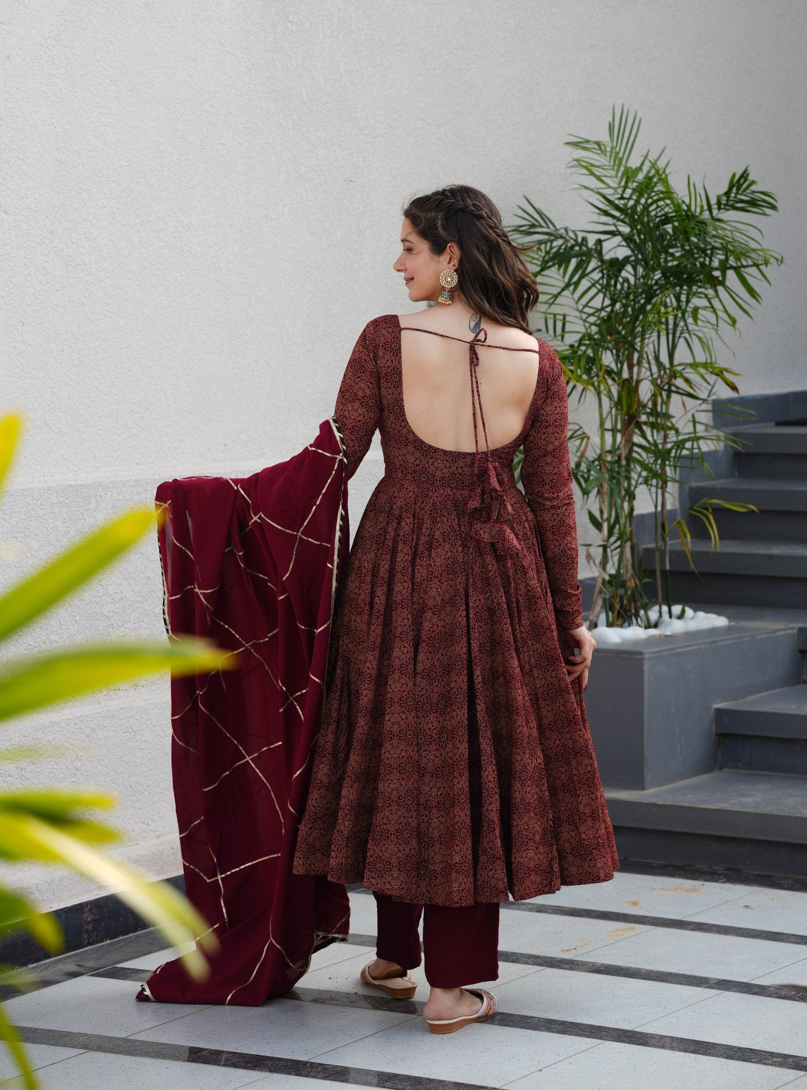 Maroon Pure Cotton Ajrakh Print Anarkali Suit Set with 4.5 Meter Flair, Crape Bottom & Faux Georgette Dupatta ClothsVilla