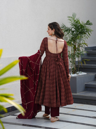 Maroon Pure Cotton Ajrakh Print Anarkali Suit Set with 4.5 Meter Flair, Crape Bottom & Faux Georgette Dupatta ClothsVilla
