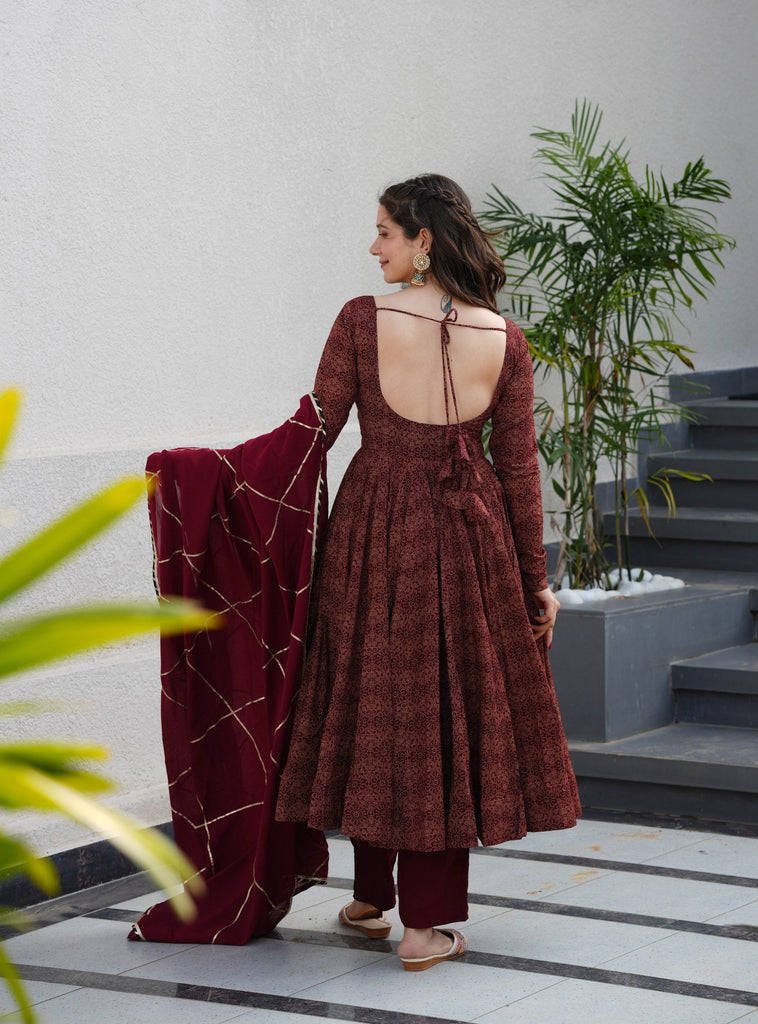 Maroon Pure Cotton Ajrakh Print Anarkali Suit Set with 4.5 Meter Flair, Crape Bottom & Faux Georgette Dupatta ClothsVilla