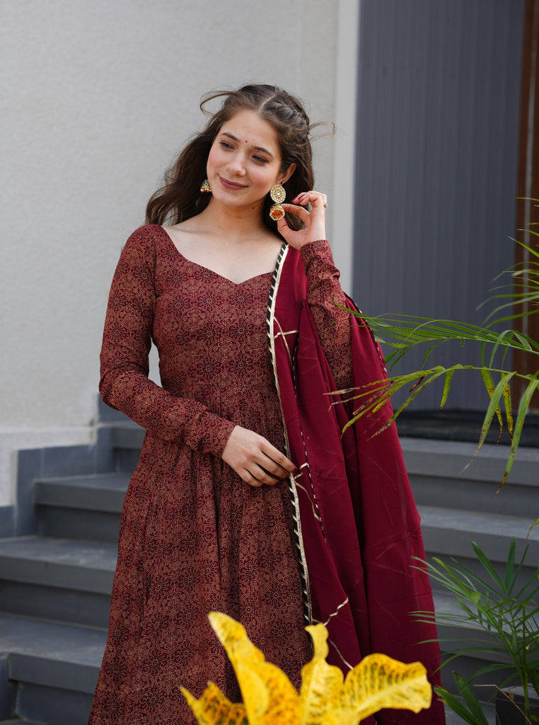 Maroon Pure Cotton Ajrakh Print Anarkali Suit Set with 4.5 Meter Flair, Crape Bottom & Faux Georgette Dupatta ClothsVilla