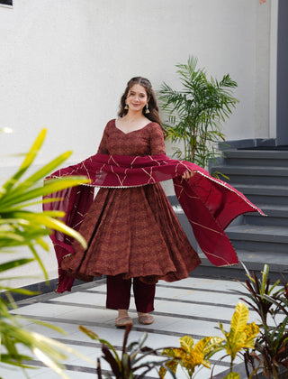 Maroon Pure Cotton Ajrakh Print Anarkali Suit Set with 4.5 Meter Flair, Crape Bottom & Faux Georgette Dupatta ClothsVilla