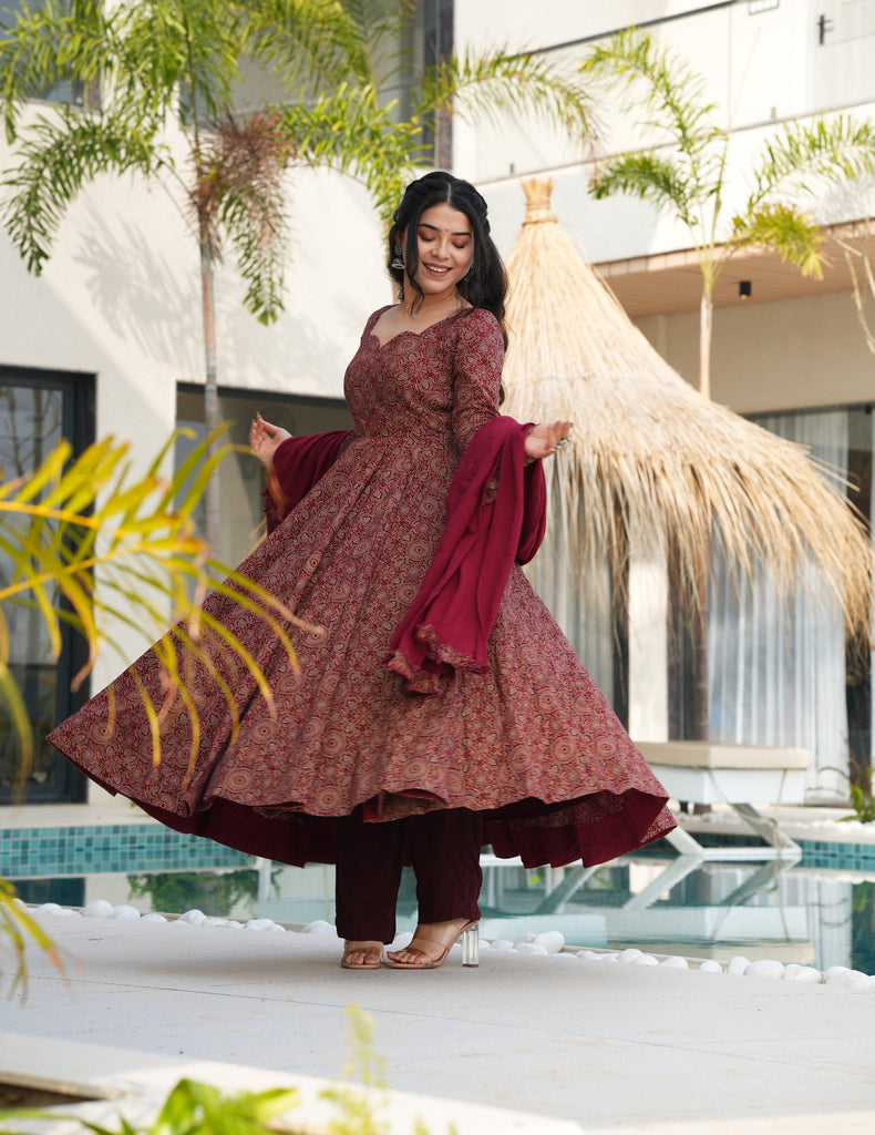 Maroon Pure Cotton Ajrakh Print Anarkali Suit Set with Crape Maroon Pure Cotton Ajrakh Print Anarkali Suit Set with Crape