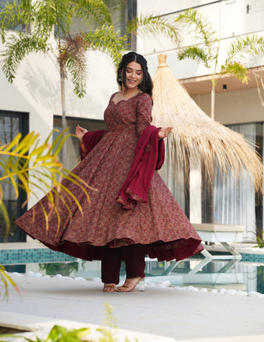 Maroon Pure Cotton Ajrakh Print Anarkali Suit Set with Crape Bottom & Faux Georgette Dupatta – Full-Flair 3-Piece Ethnic Set ClothsVilla