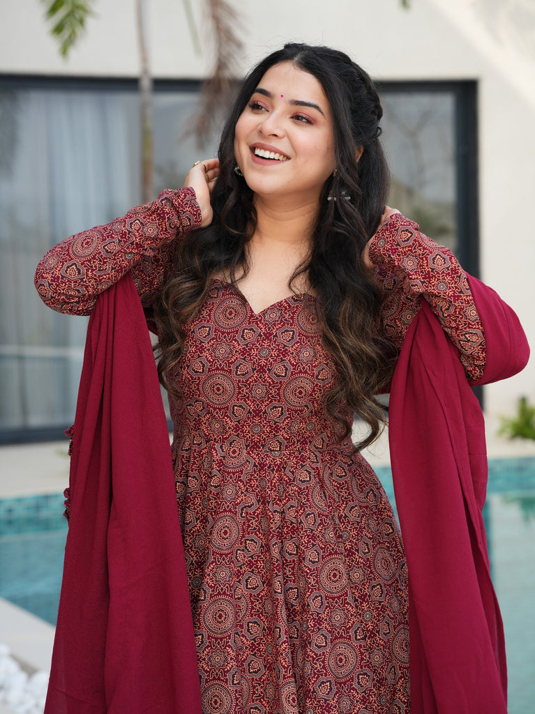 Maroon Pure Cotton Ajrakh Print Anarkali Suit Set with Crape Bottom & Faux Georgette Dupatta – Full-Flair 3-Piece Ethnic Set ClothsVilla
