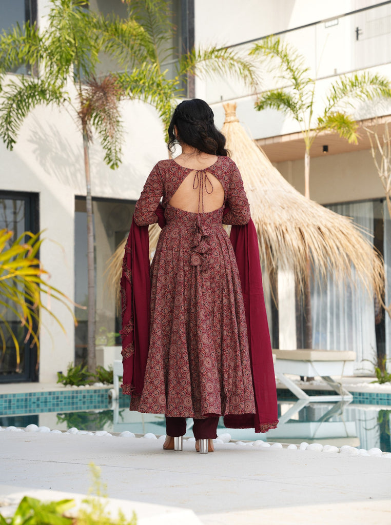 Maroon Pure Cotton Ajrakh Print Anarkali Suit Set with Crape Bottom & Faux Georgette Dupatta – Full-Flair 3-Piece Ethnic Set ClothsVilla
