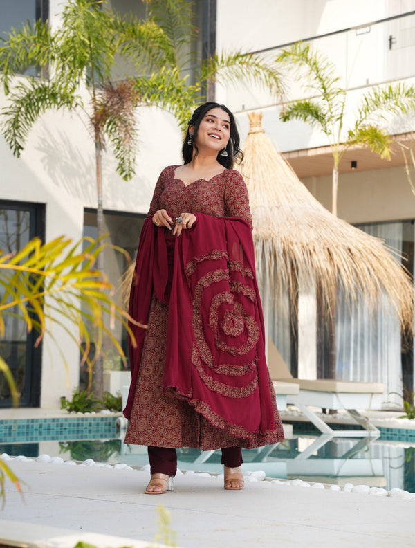 Maroon Pure Cotton Ajrakh Print Anarkali Suit Set with Crape Bottom & Faux Georgette Dupatta – Full-Flair 3-Piece Ethnic Set ClothsVilla