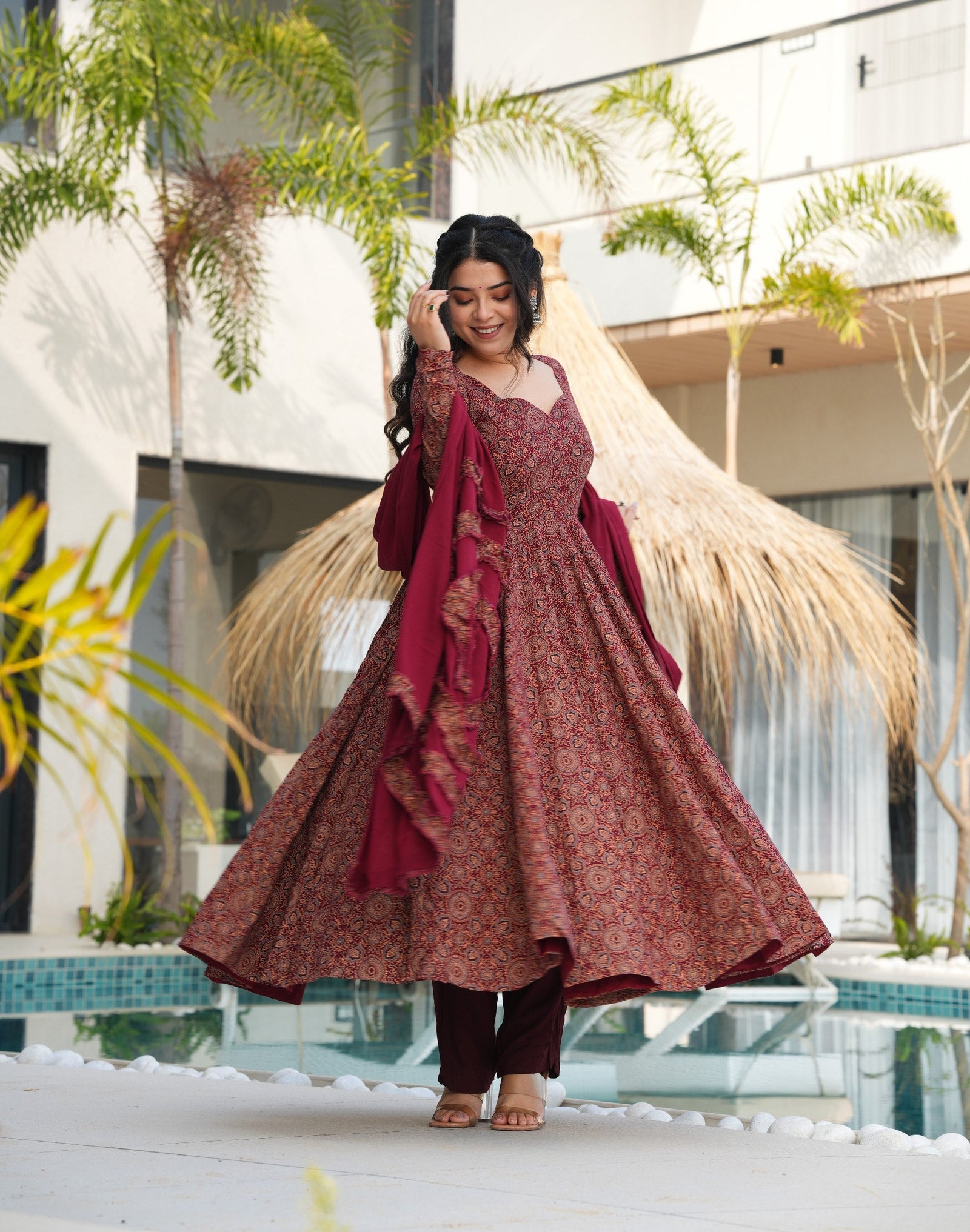 Maroon Pure Cotton Ajrakh Print Anarkali Suit Set with Crape Bottom & Faux Georgette Dupatta – Full-Flair 3-Piece Ethnic Set ClothsVilla