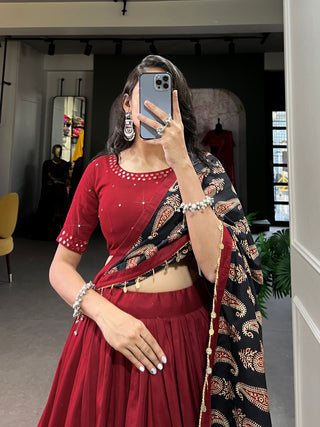 Maroon Pure Cotton Lehenga Choli Set with Purse ClothsVilla