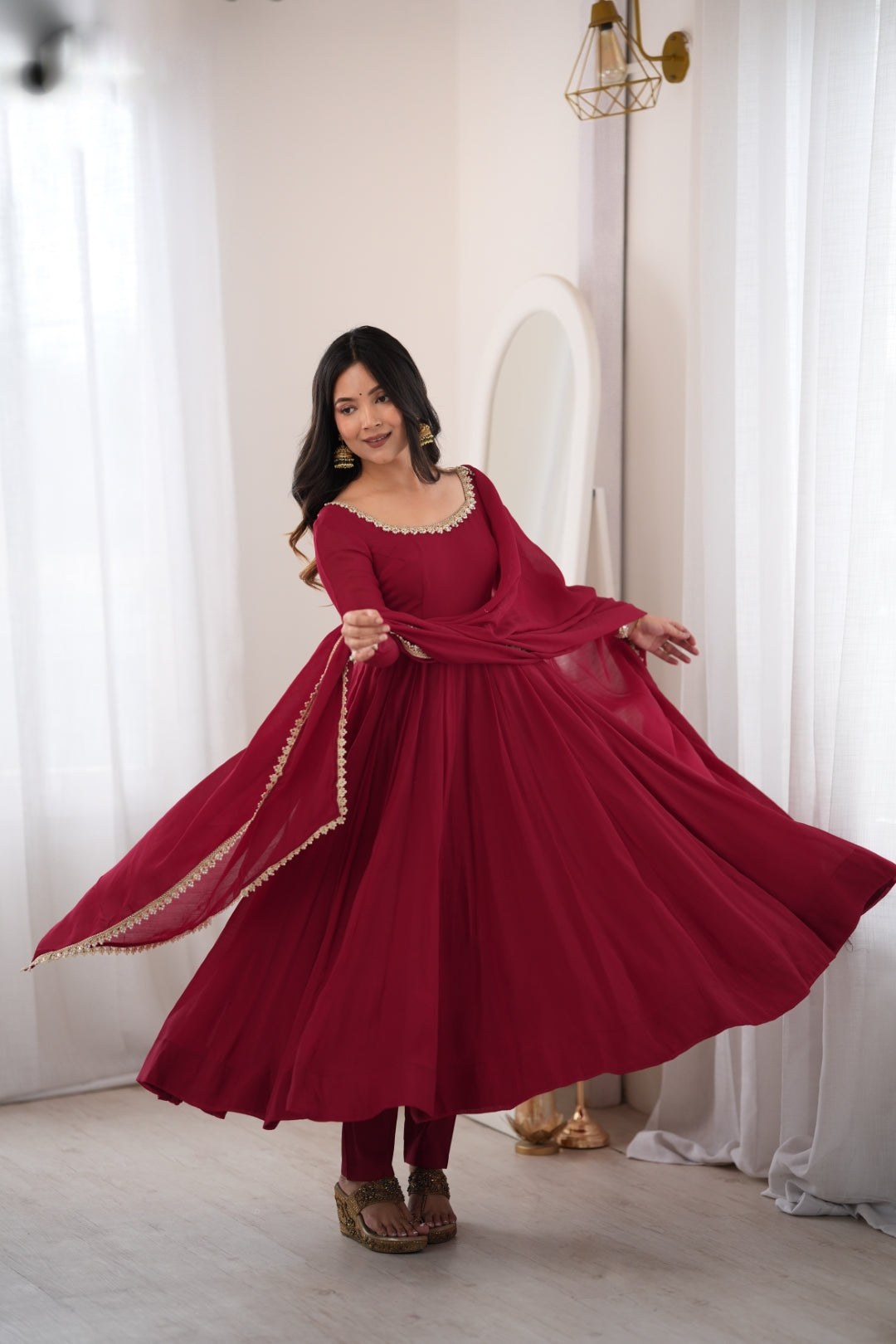 Maroon Pure Mal Chanderi Anarkali Gown ClothsVilla