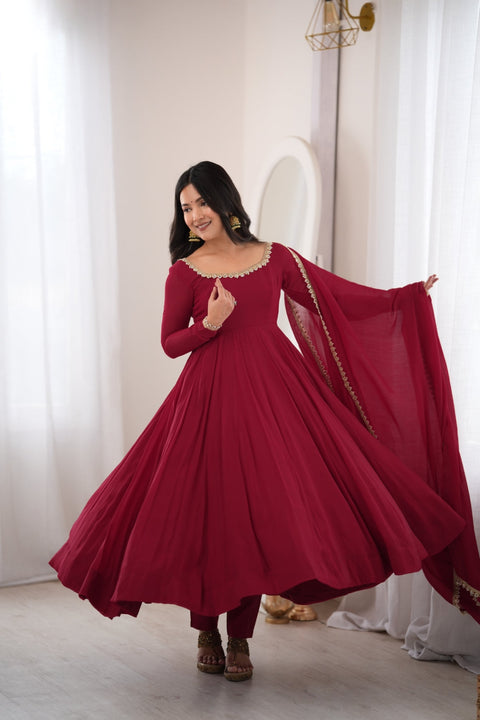 Maroon Pure Mal Chanderi Anarkali Gown ClothsVilla Main image