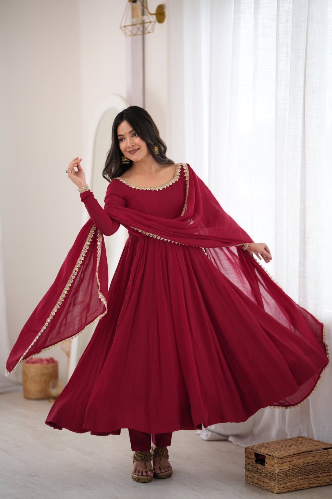 Maroon Pure Mal Chanderi Anarkali Gown ClothsVilla