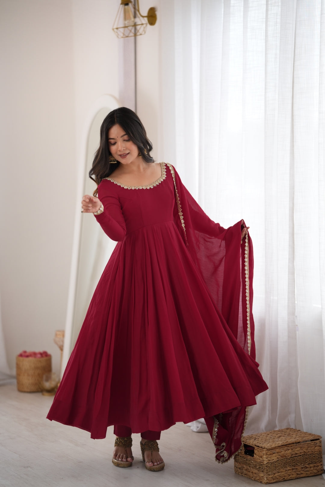 Maroon Pure Mal Chanderi Anarkali Gown ClothsVilla