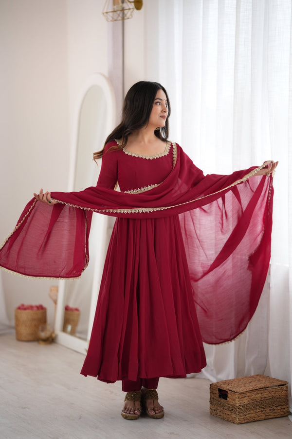 Maroon Pure Mal Chanderi Anarkali Gown ClothsVilla
