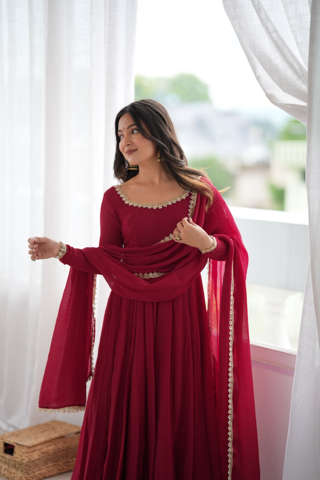 Maroon Pure Mal Chanderi Anarkali Gown ClothsVilla