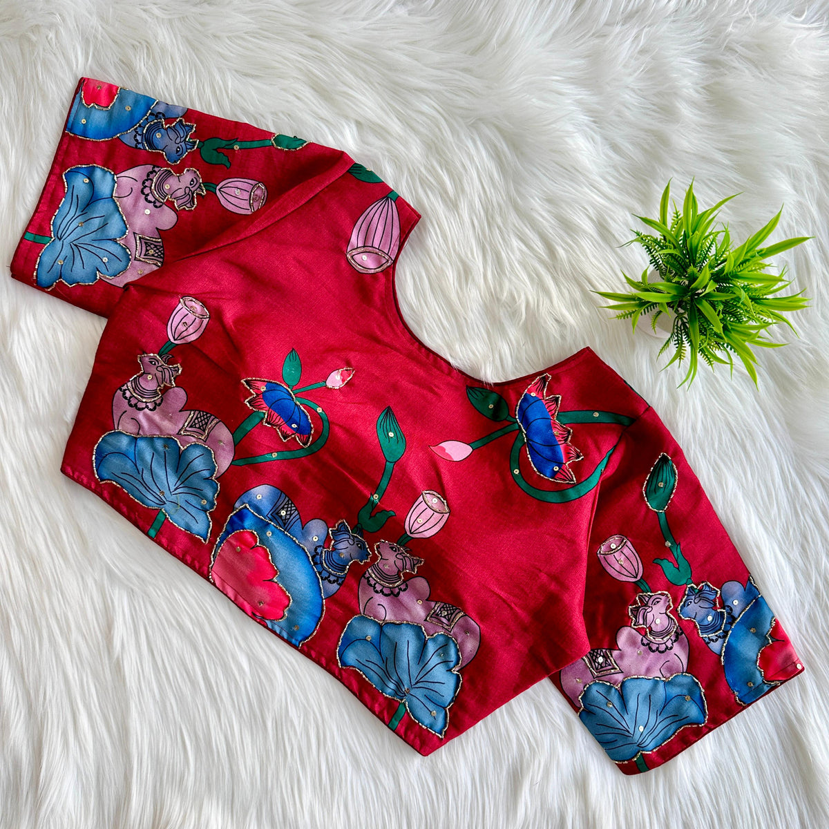 Maroon Pure Silk Blouse with Decent Print and Antique Handcrafted Work ClothsVilla Main image