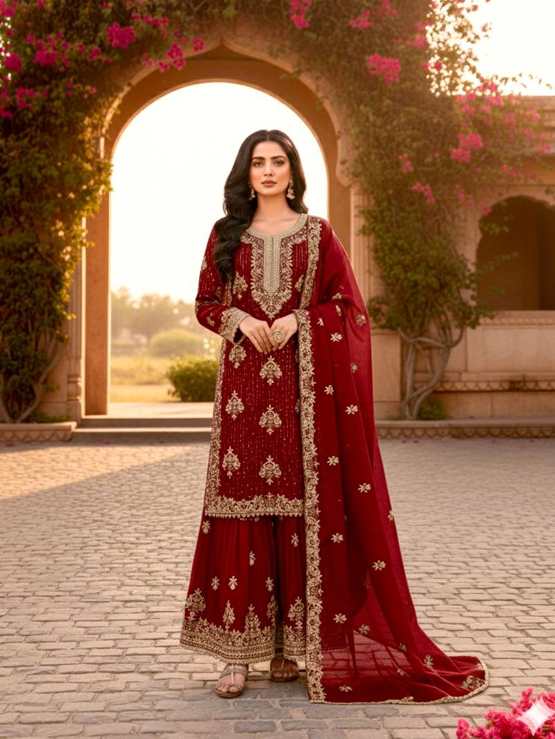 Maroon Pure Silk Heavy Embroidered Kurta Palazzo Set with Dupatta ClothsVilla