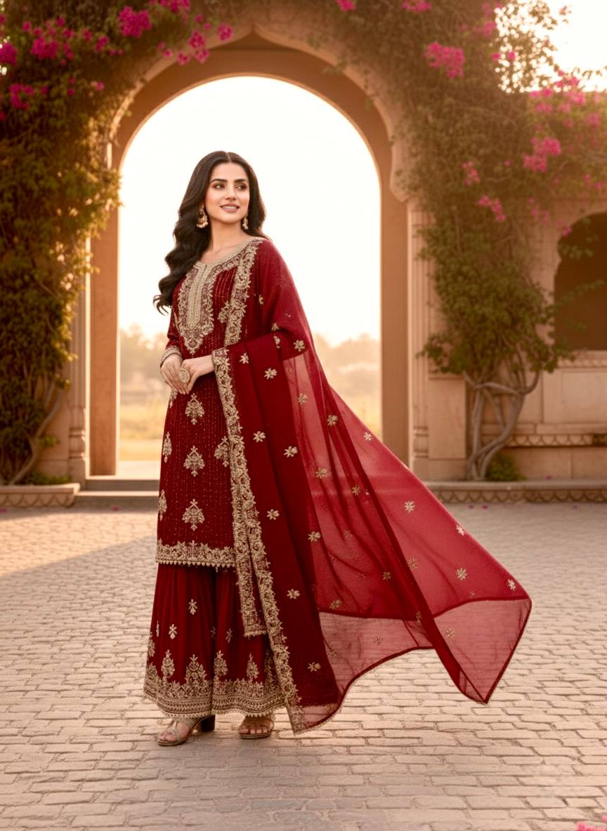 Maroon Pure Silk Heavy Embroidered Kurta Palazzo Set with Dupatta ClothsVilla
