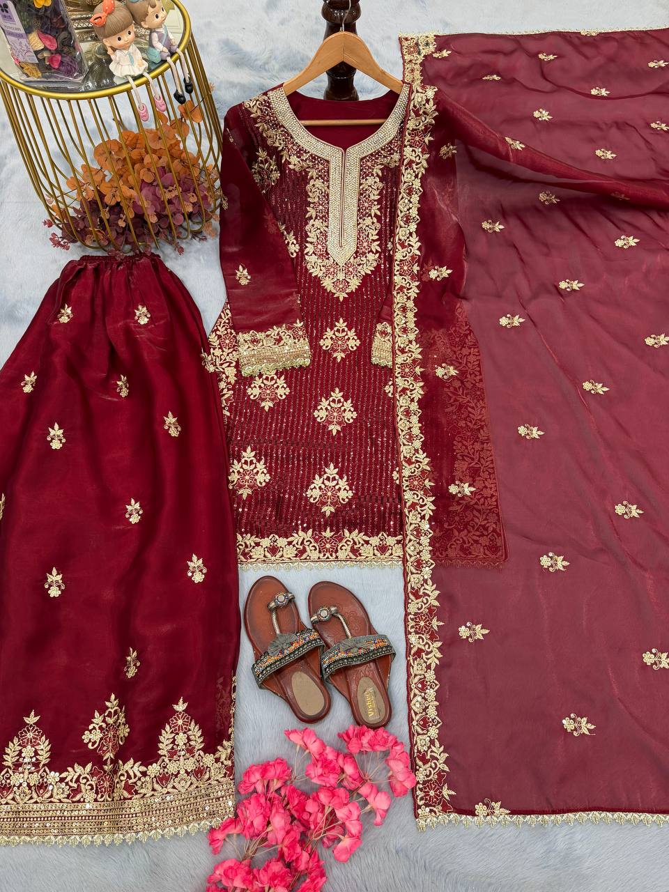 Maroon Pure Silk Heavy Embroidered Kurta Palazzo Set with Dupatta ClothsVilla