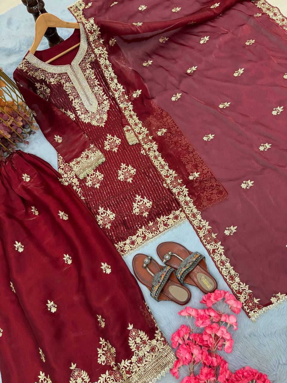 Maroon Pure Silk Heavy Embroidered Kurta Palazzo Set with Dupatta ClothsVilla