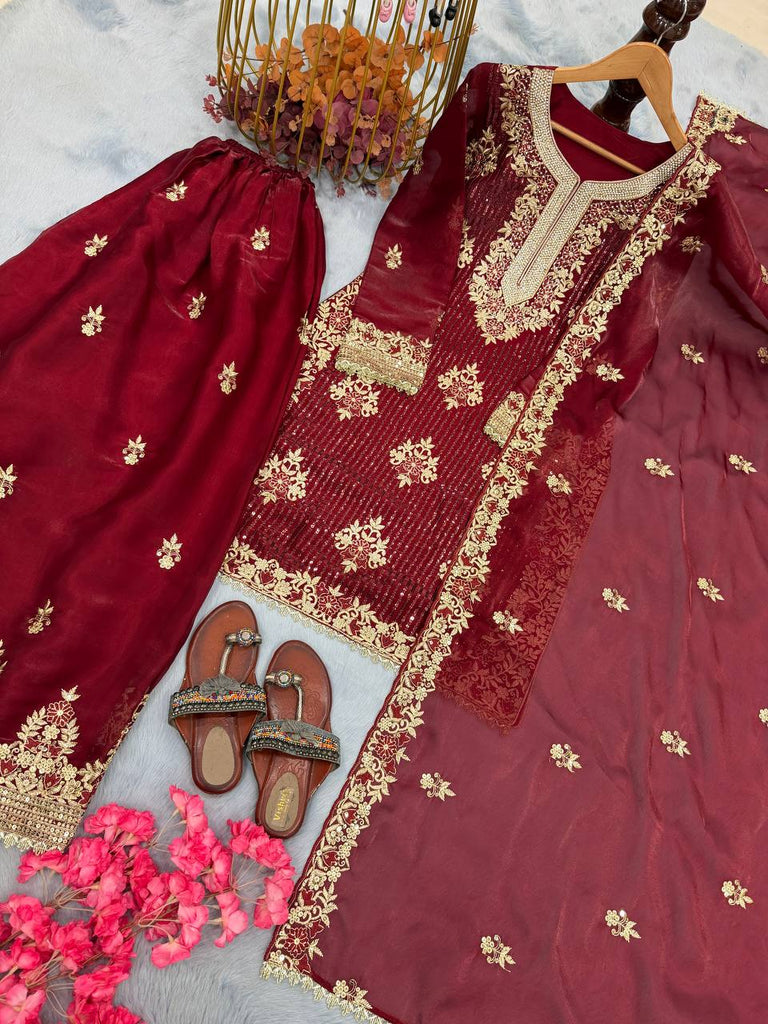 Maroon Pure Silk Heavy Embroidered Kurta Palazzo Set with Dupatta ClothsVilla