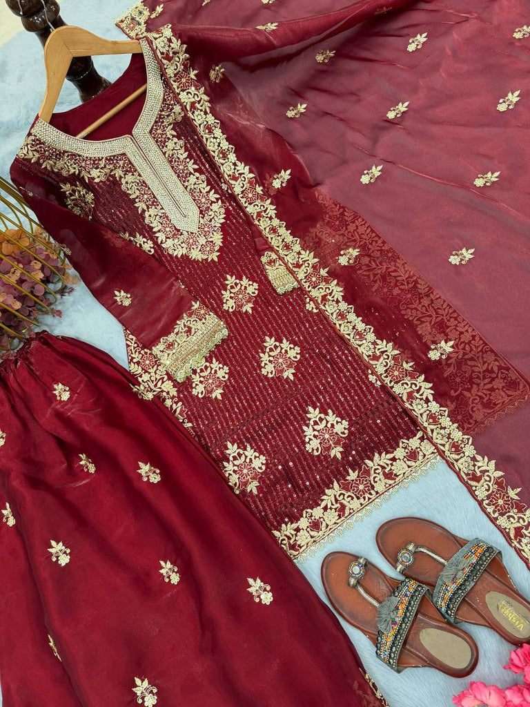 Maroon Pure Silk Heavy Embroidered Kurta Palazzo Set with Dupatta ClothsVilla