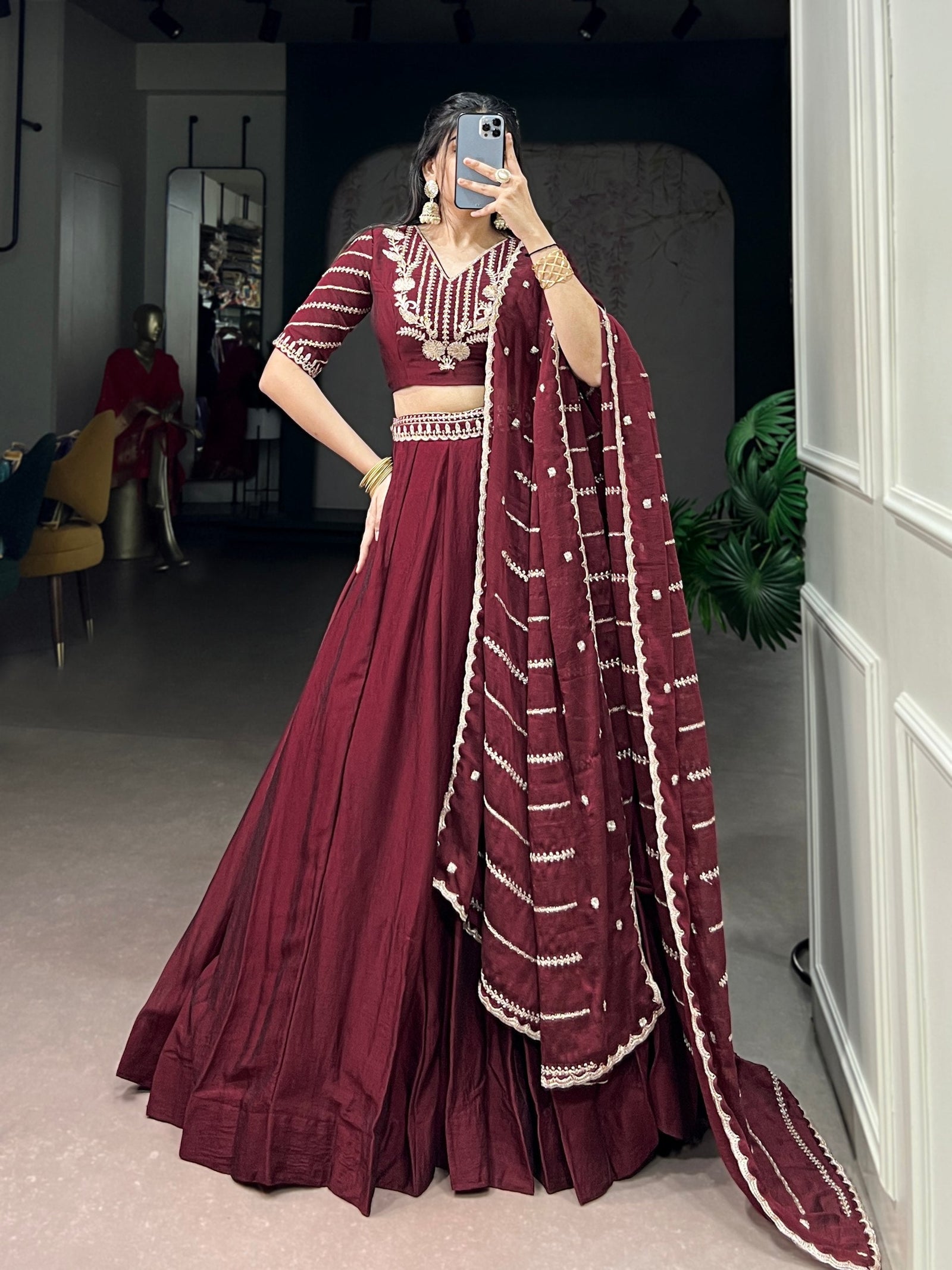 Maroon Rangoli Crush Embroidered Lehenga ClothsVilla