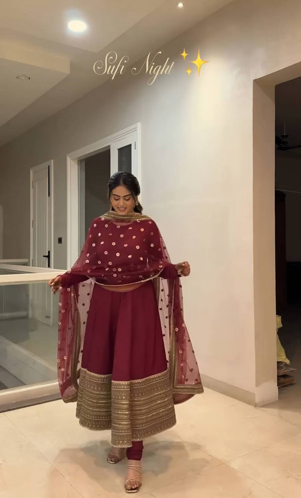 Maroon Rayon Embroidered Kali-Cut Anarkali Top with Micro Cotton Pant & Butterfly Net Dupatta – Heavy Sequins, Thread & Zari Work ClothsVilla