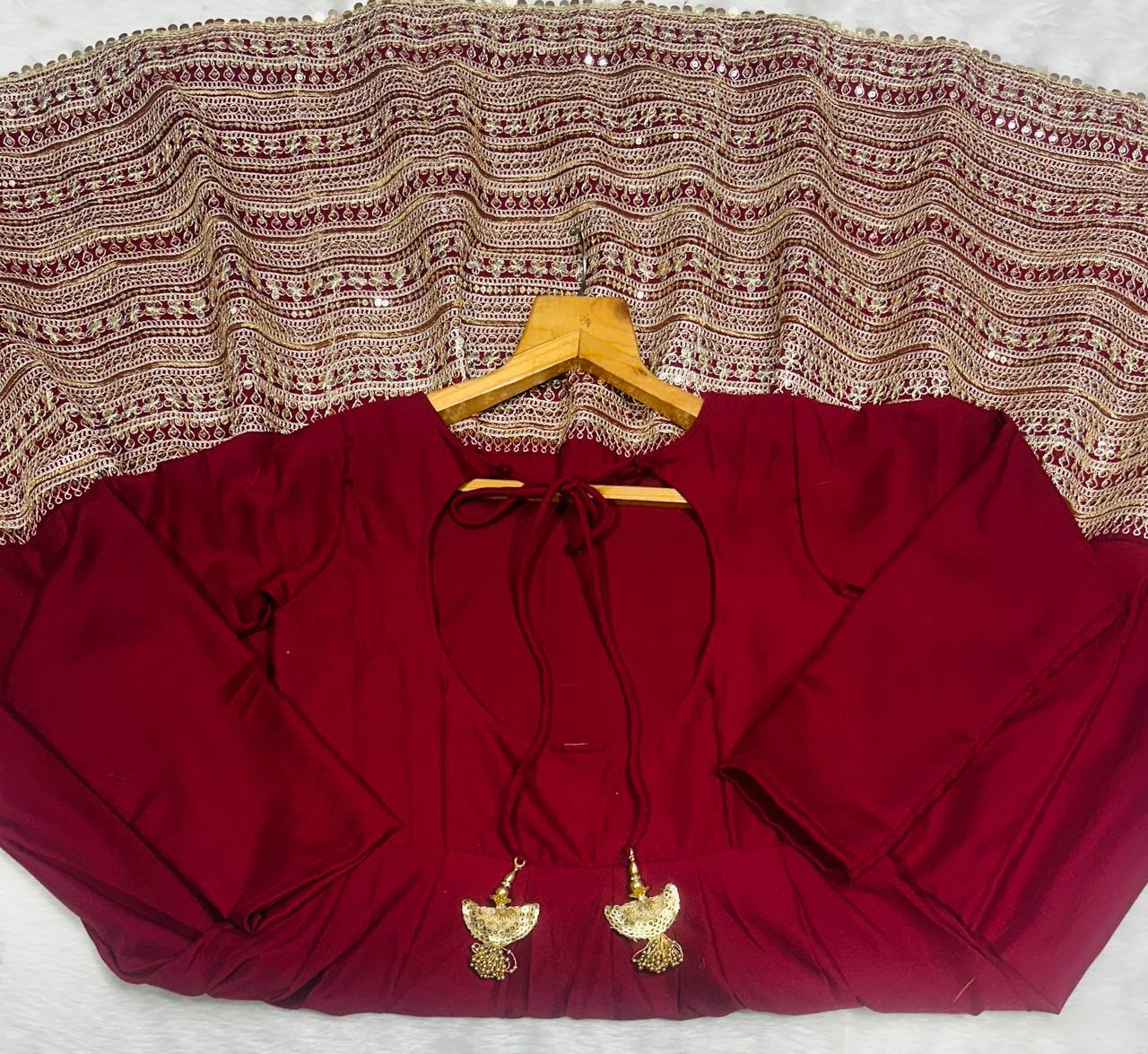 Maroon Rayon Embroidered Kali-Cut Anarkali Top with Micro Cotton Pant & Butterfly Net Dupatta – Heavy Sequins, Thread & Zari Work ClothsVilla
