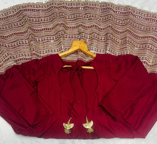 Maroon Rayon Embroidered Kali-Cut Anarkali Top with Micro Cotton Pant & Butterfly Net Dupatta – Heavy Sequins, Thread & Zari Work ClothsVilla