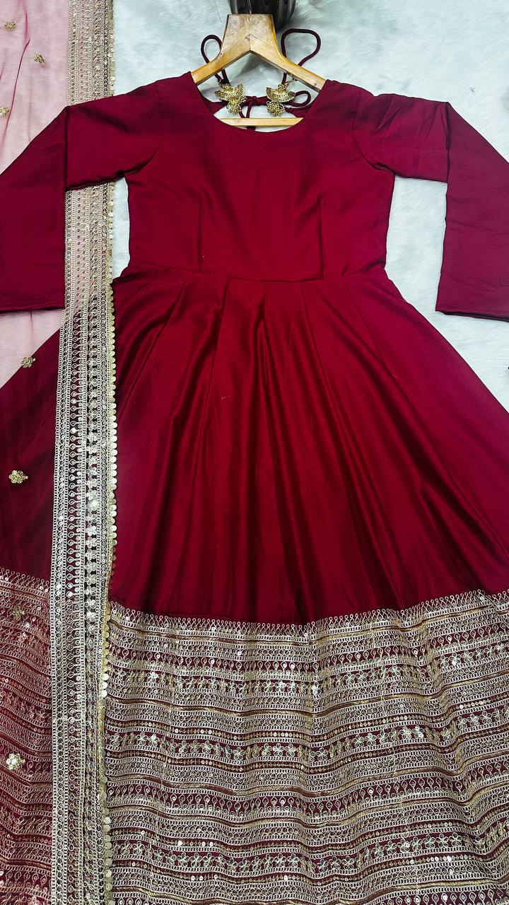Maroon Rayon Embroidered Kali-Cut Anarkali Top with Micro Cotton Pant & Butterfly Net Dupatta – Heavy Sequins, Thread & Zari Work ClothsVilla