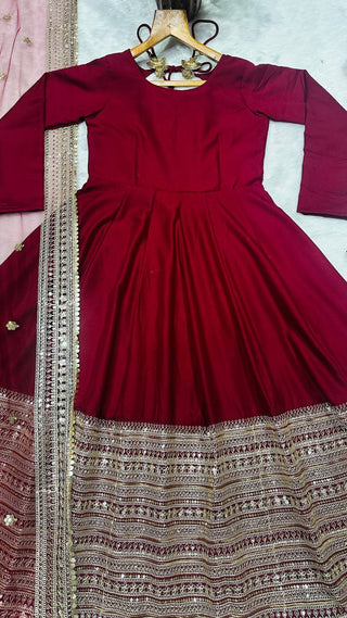 Maroon Rayon Embroidered Kali-Cut Anarkali Top with Micro Cotton Pant & Butterfly Net Dupatta – Heavy Sequins, Thread & Zari Work ClothsVilla