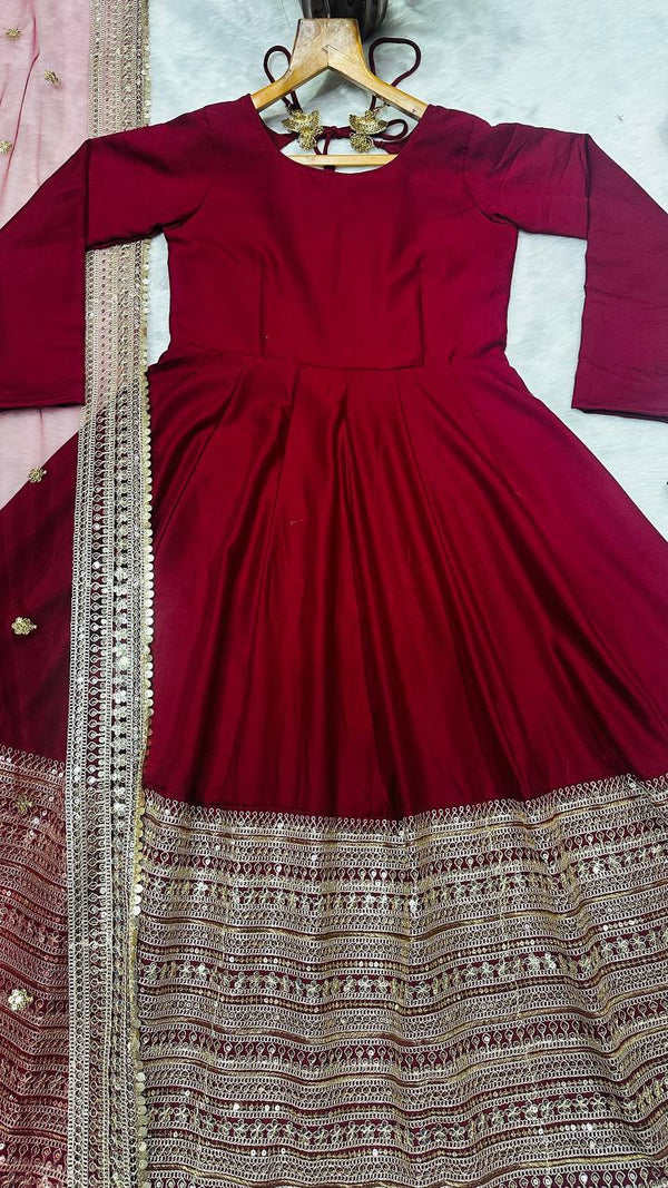 Maroon Rayon Embroidered Kali-Cut Anarkali Top with Micro Cotton Pant & Butterfly Net Dupatta – Heavy Sequins, Thread & Zari Work ClothsVilla