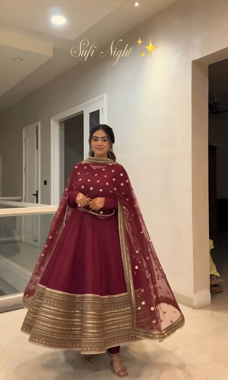 Maroon Rayon Embroidered Kali-Cut Anarkali Top with Micro Cotton Pant & Butterfly Net Dupatta – Heavy Sequins, Thread & Zari Work ClothsVilla