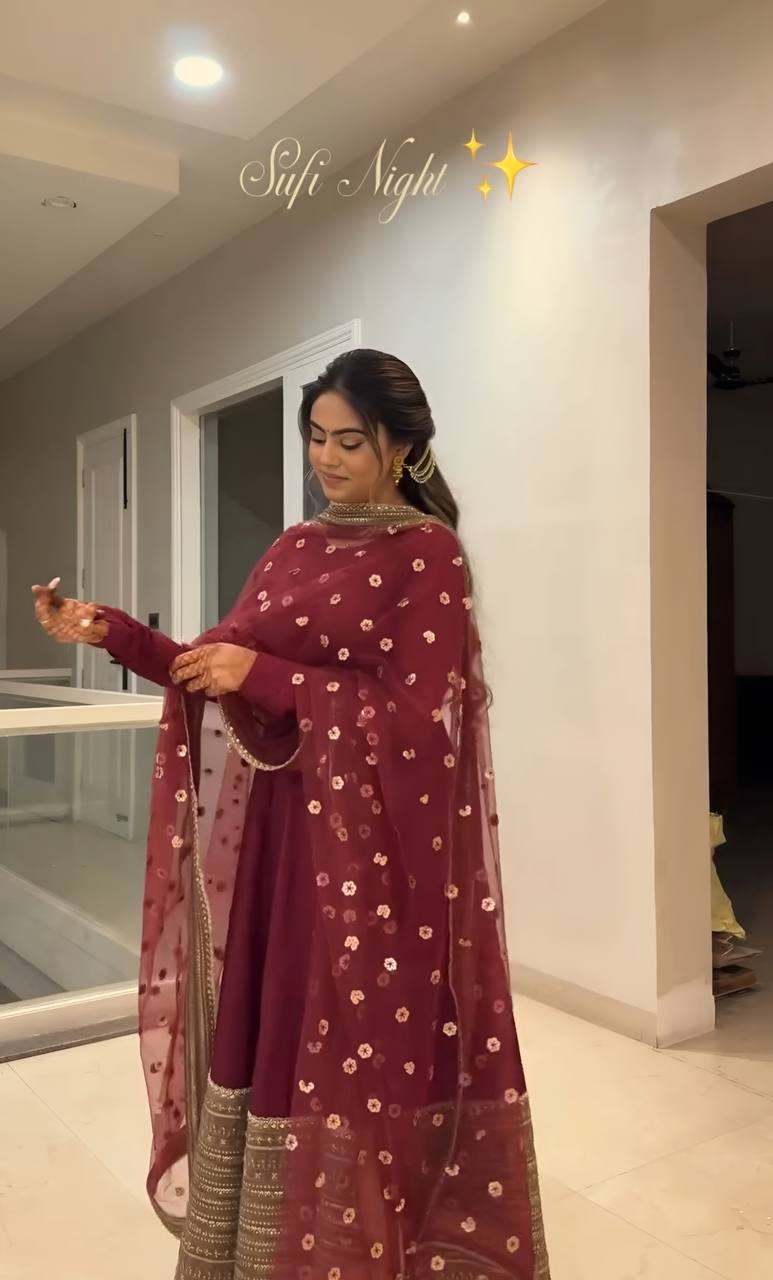 Maroon Rayon Embroidered Kali-Cut Anarkali Top with Micro Cotton Pant & Butterfly Net Dupatta – Heavy Sequins, Thread & Zari Work ClothsVilla