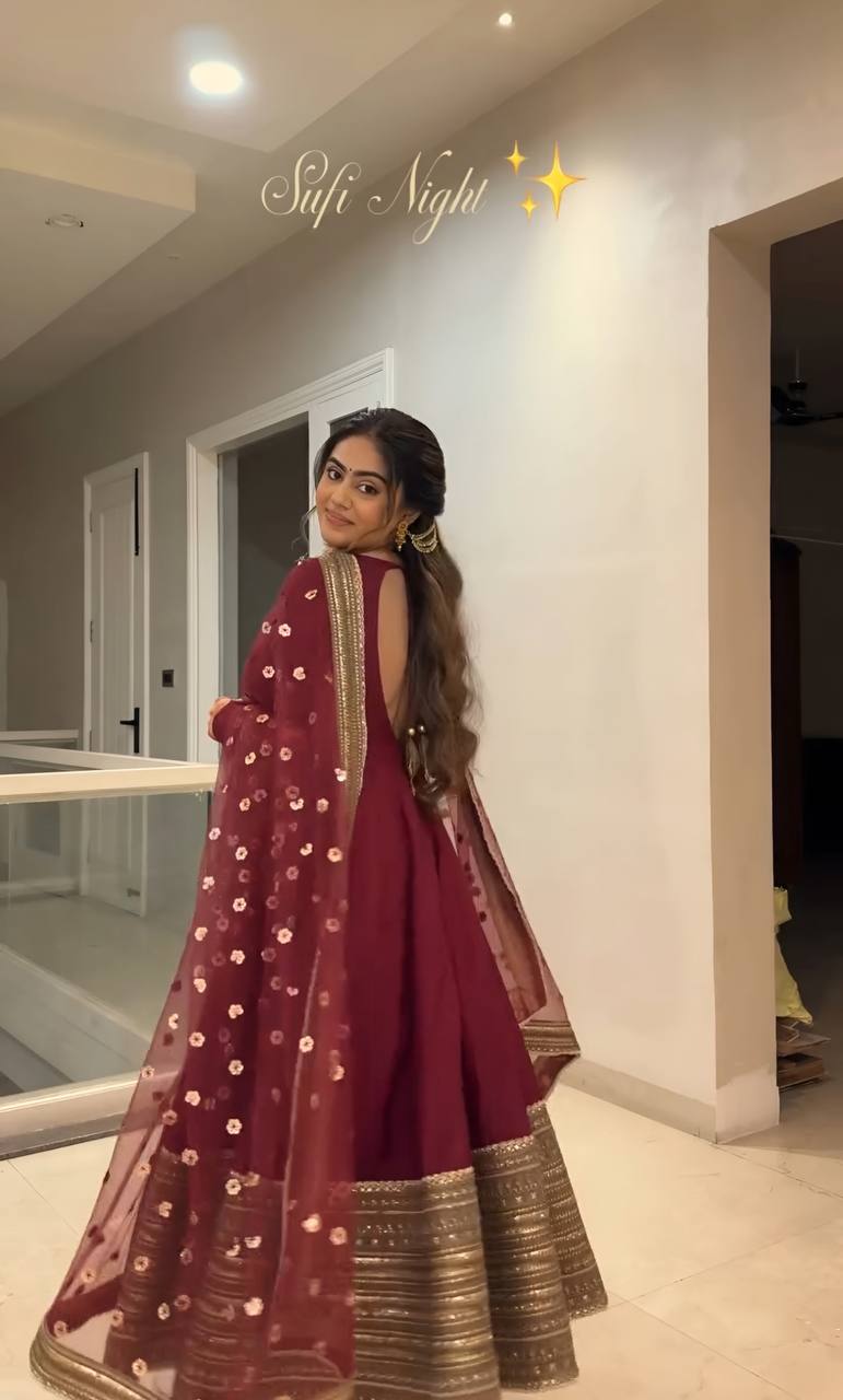 Maroon Rayon Embroidered Kali-Cut Anarkali Top with Micro Cotton Pant & Butterfly Net Dupatta – Heavy Sequins, Thread & Zari Work ClothsVilla