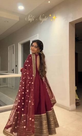 Maroon Rayon Embroidered Kali-Cut Anarkali Top with Micro Cotton Pant & Butterfly Net Dupatta – Heavy Sequins, Thread & Zari Work ClothsVilla