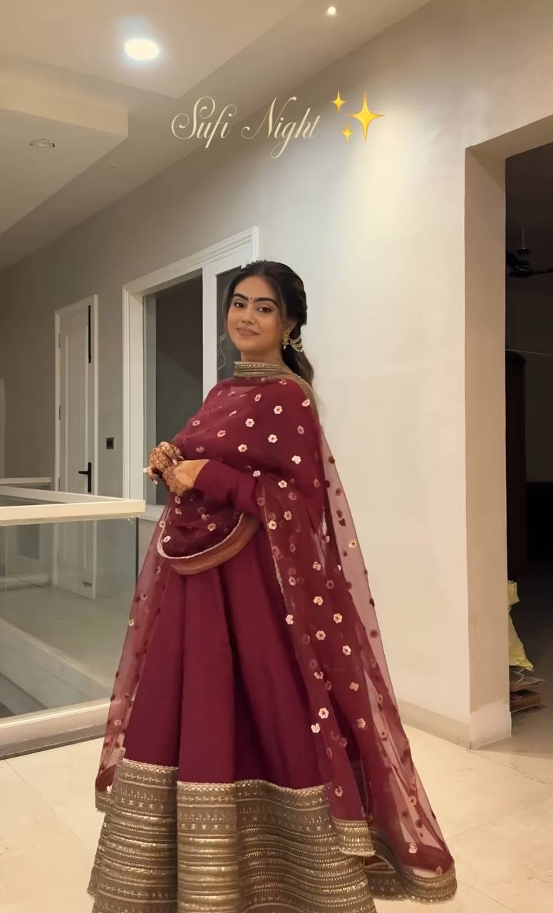 Maroon Rayon Embroidered Kali-Cut Anarkali Top with Micro Cotton Pant & Butterfly Net Dupatta – Heavy Sequins, Thread & Zari Work ClothsVilla