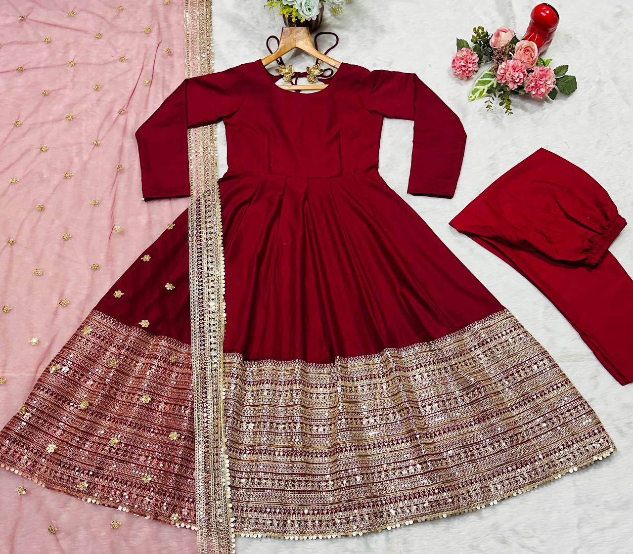 Maroon Rayon Embroidered Kali-Cut Anarkali Top with Micro Cotton Pant & Butterfly Net Dupatta – Heavy Sequins, Thread & Zari Work ClothsVilla