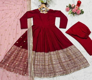 Maroon Rayon Embroidered Kali-Cut Anarkali Top with Micro Cotton Pant & Butterfly Net Dupatta – Heavy Sequins, Thread & Zari Work ClothsVilla