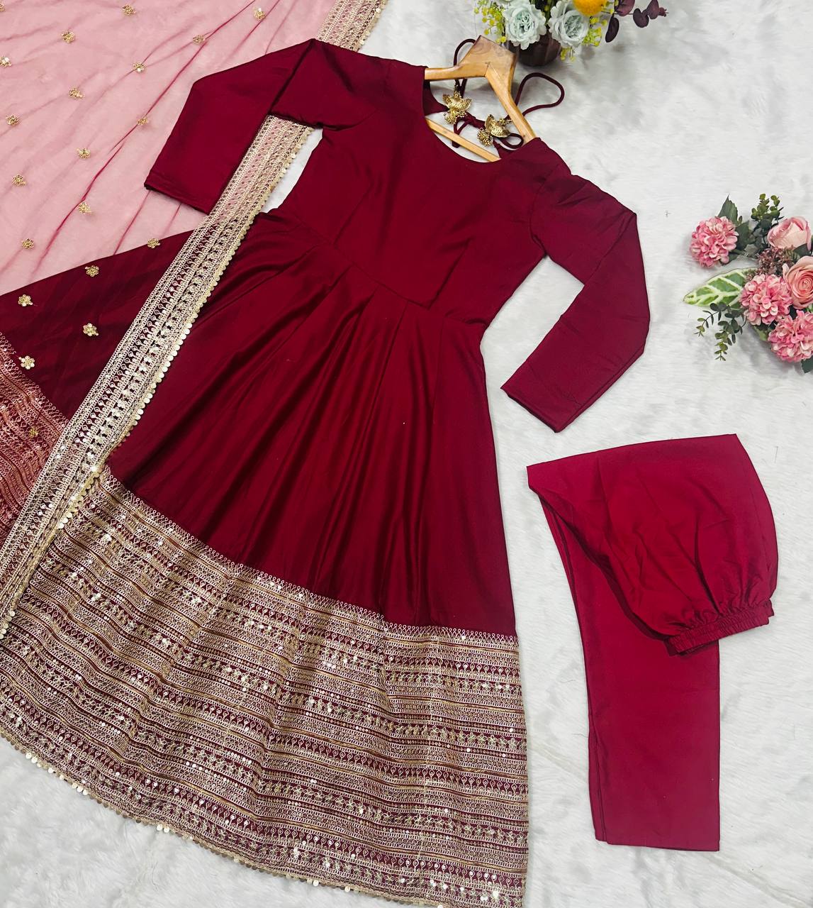 Maroon Rayon Embroidered Kali-Cut Anarkali Top with Micro Cotton Pant & Butterfly Net Dupatta – Heavy Sequins, Thread & Zari Work ClothsVilla