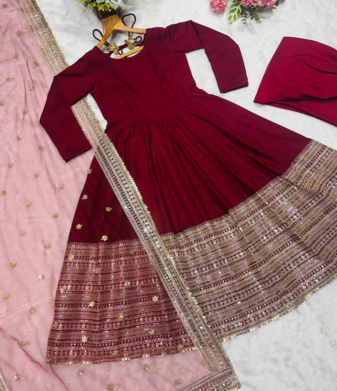 Maroon Rayon Embroidered Kali-Cut Anarkali Top with Micro Cotton Pant & Butterfly Net Dupatta – Heavy Sequins, Thread & Zari Work ClothsVilla