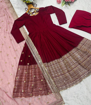 Maroon Rayon Embroidered Kali-Cut Anarkali Top with Micro Cotton Pant & Butterfly Net Dupatta – Heavy Sequins, Thread & Zari Work ClothsVilla