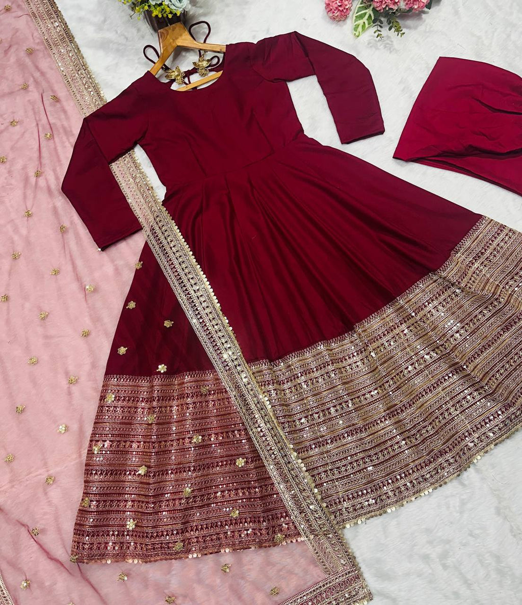 Maroon Rayon Embroidered Kali-Cut Anarkali Top with Micro Cotton Pant & Butterfly Net Dupatta – Heavy Sequins, Thread & Zari Work ClothsVilla