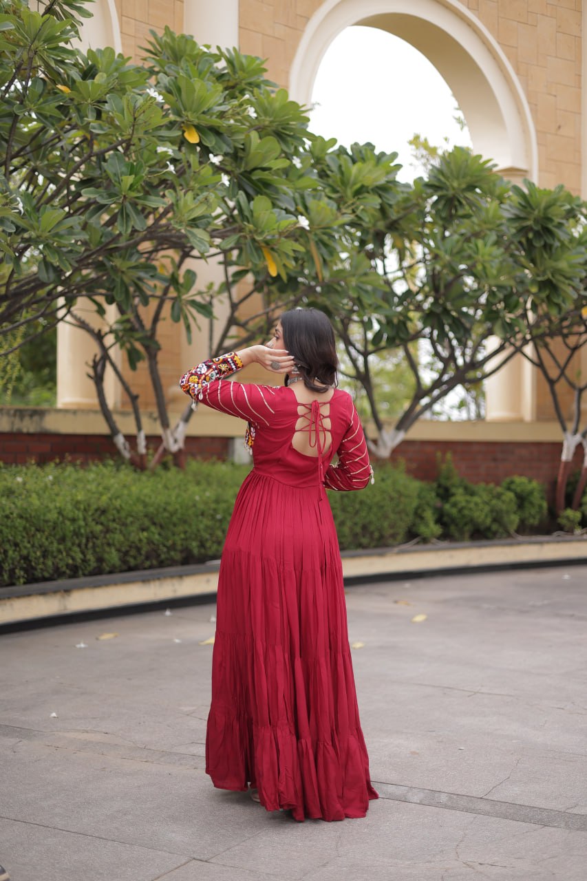 Maroon Rayon Gown with Embroidery Work ClothsVilla