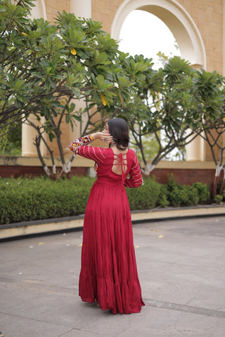 Maroon Rayon Gown with Embroidery Work ClothsVilla