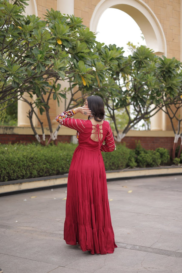 Maroon Rayon Gown with Embroidery Work ClothsVilla