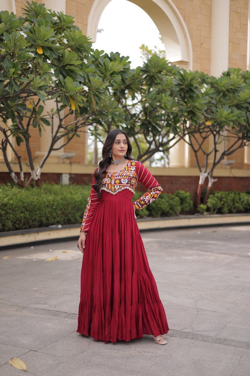 Maroon Rayon Gown with Embroidery Work ClothsVilla