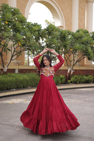 Maroon Rayon Gown with Embroidery Work ClothsVilla