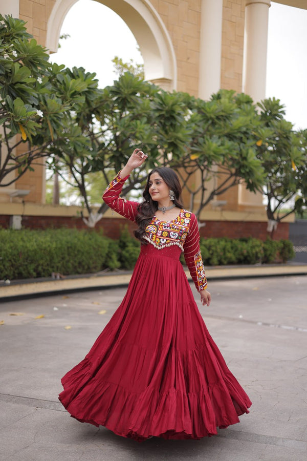 Maroon Rayon Gown with Embroidery Work ClothsVilla